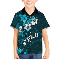 Fiji Masi Family Matching Off Shoulder Maxi Dress and Hawaiian Shirt Fijian Hibiscus Tapa Sky Blue Version LT01 Son's Shirt Blue - Polynesian Pride