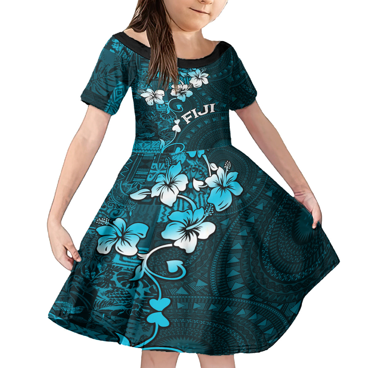 Fiji Masi Family Matching Off Shoulder Short Dress and Hawaiian Shirt Fijian Hibiscus Tapa Sky Blue Version LT01 Daughter's Dress Blue - Polynesian Pride