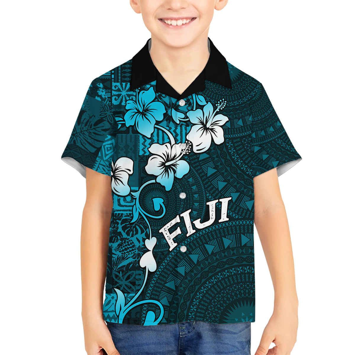 Fiji Masi Family Matching Summer Maxi Dress and Hawaiian Shirt Fijian Hibiscus Tapa Sky Blue Version LT01 Son's Shirt Blue - Polynesian Pride