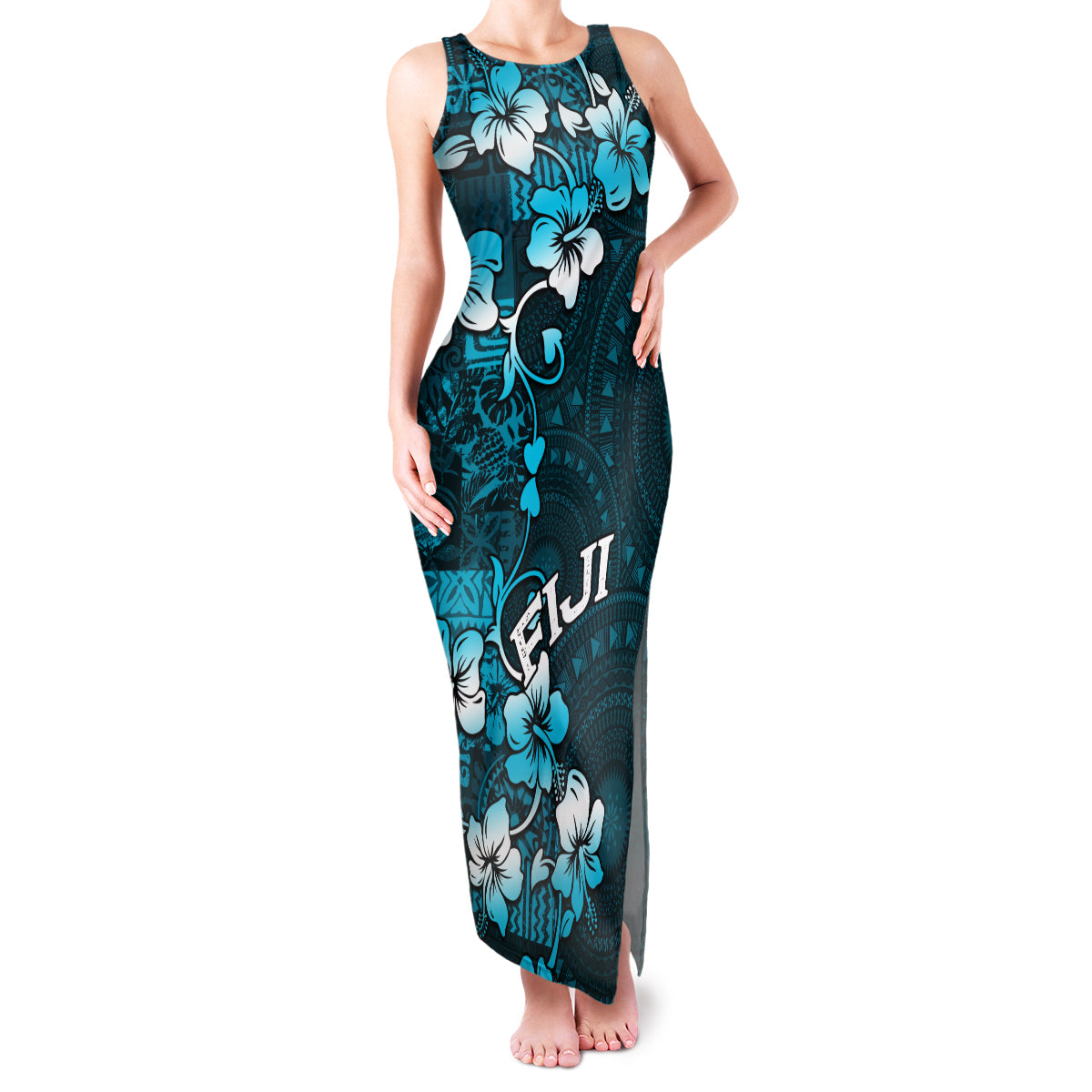 Fiji Masi Family Matching Tank Maxi Dress and Hawaiian Shirt Fijian Hibiscus Tapa Sky Blue Version LT01 Mom's Dress Blue - Polynesian Pride