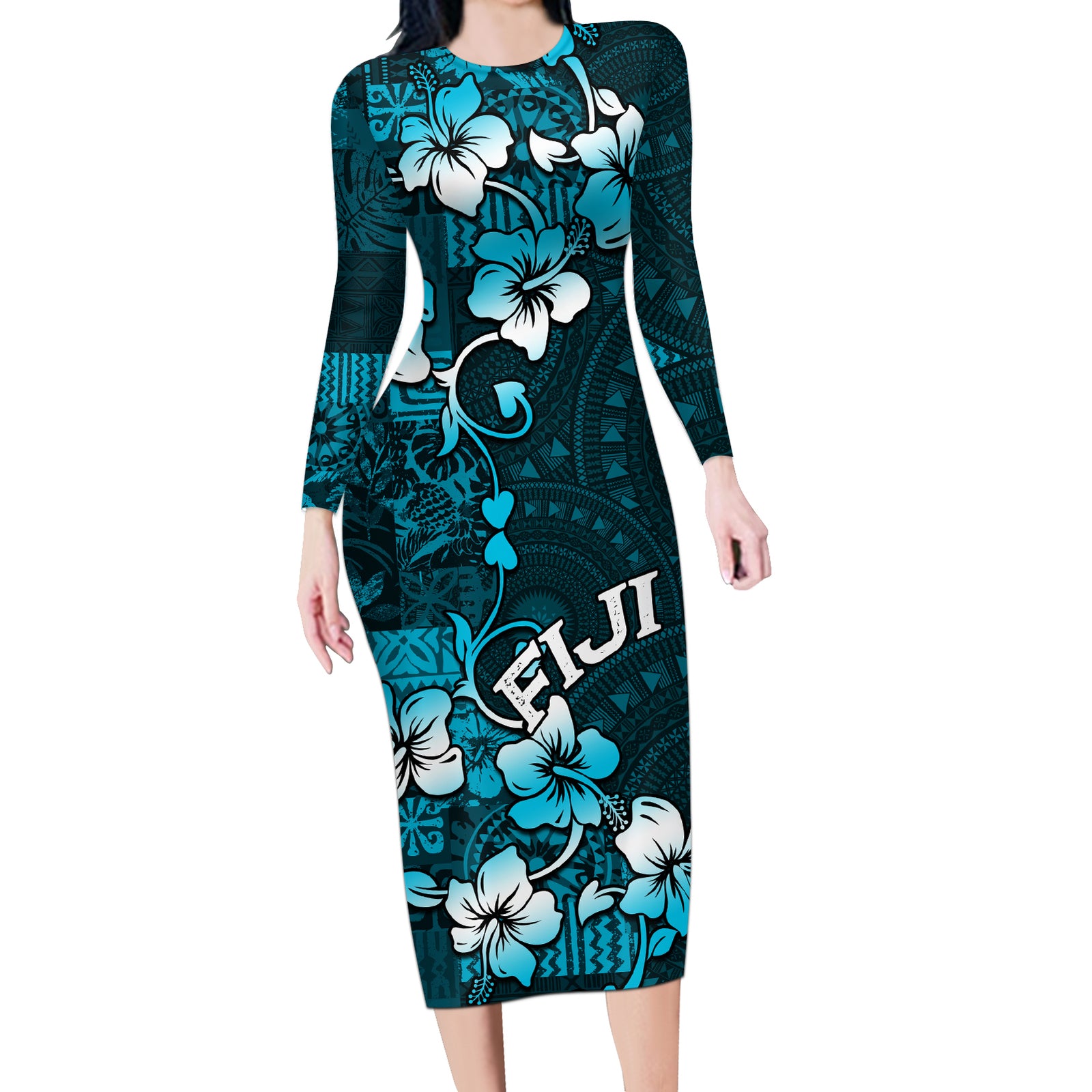 Fiji Masi Long Sleeve Bodycon Dress Fijian Hibiscus Tapa Sky Blue Version LT01 Long Dress Blue - Polynesian Pride