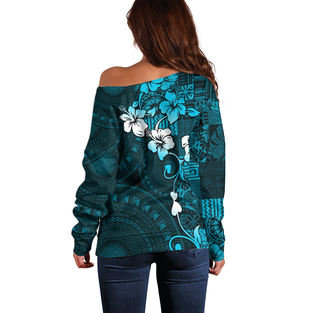 Fiji Masi Off Shoulder Sweater Fijian Hibiscus Tapa Sky Blue Version LT01 - Polynesian Pride