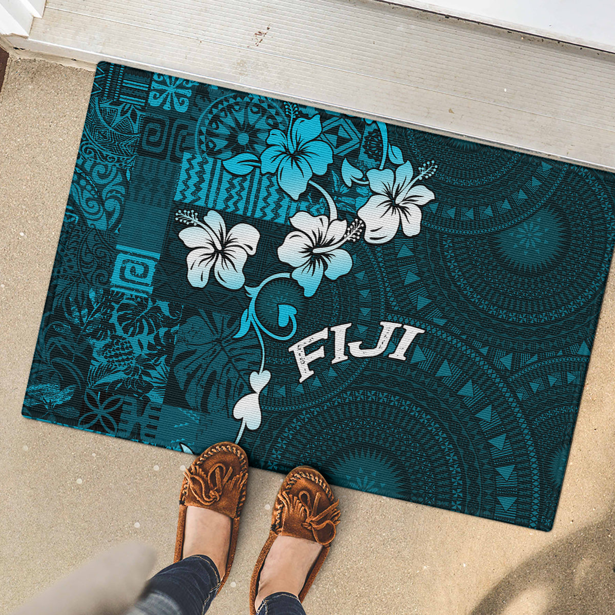 Fiji Masi Rubber Doormat Fijian Hibiscus Tapa Sky Blue Version LT01 - Polynesian Pride