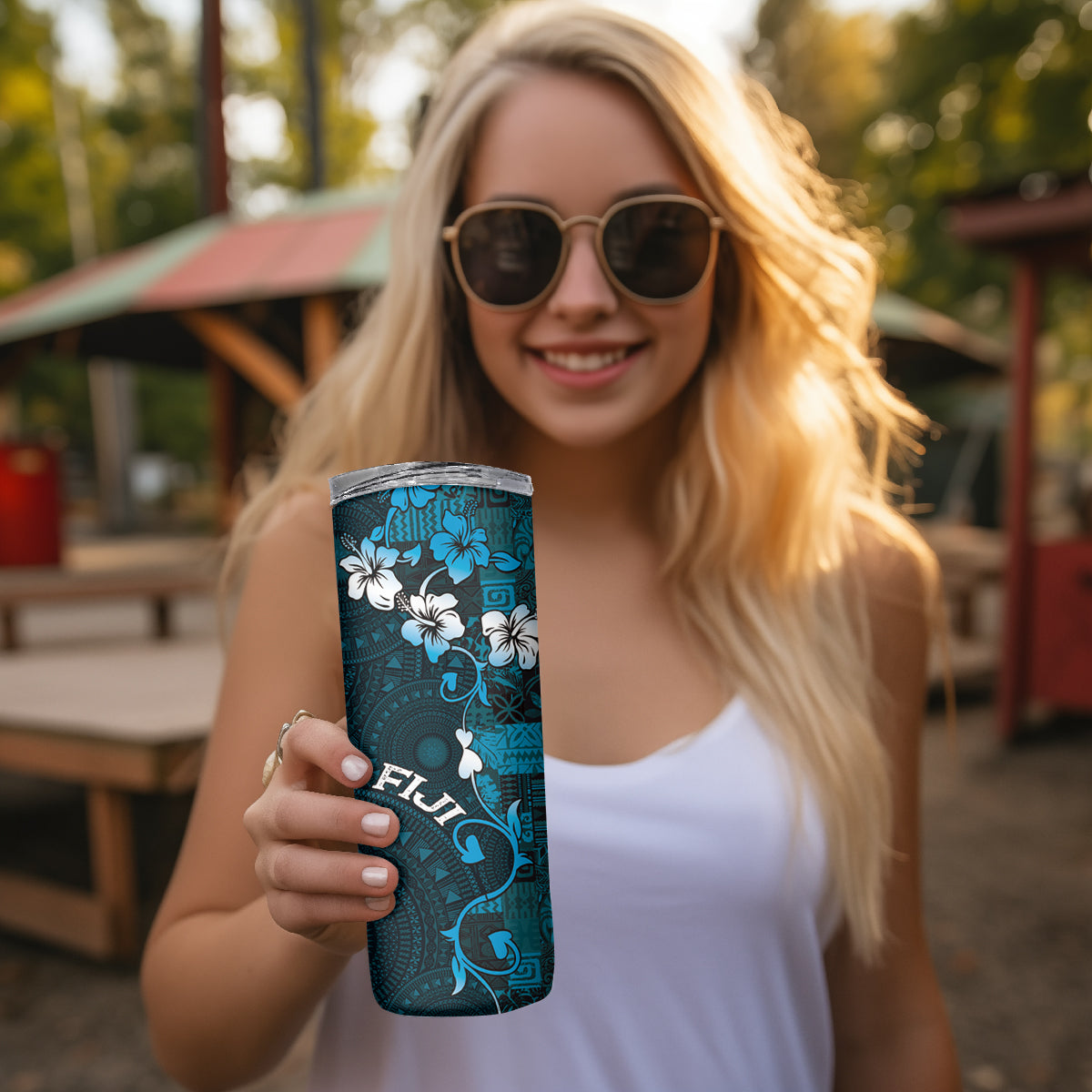 Fiji Masi Skinny Tumbler Fijian Hibiscus Tapa Sky Blue Version LT01 - Polynesian Pride