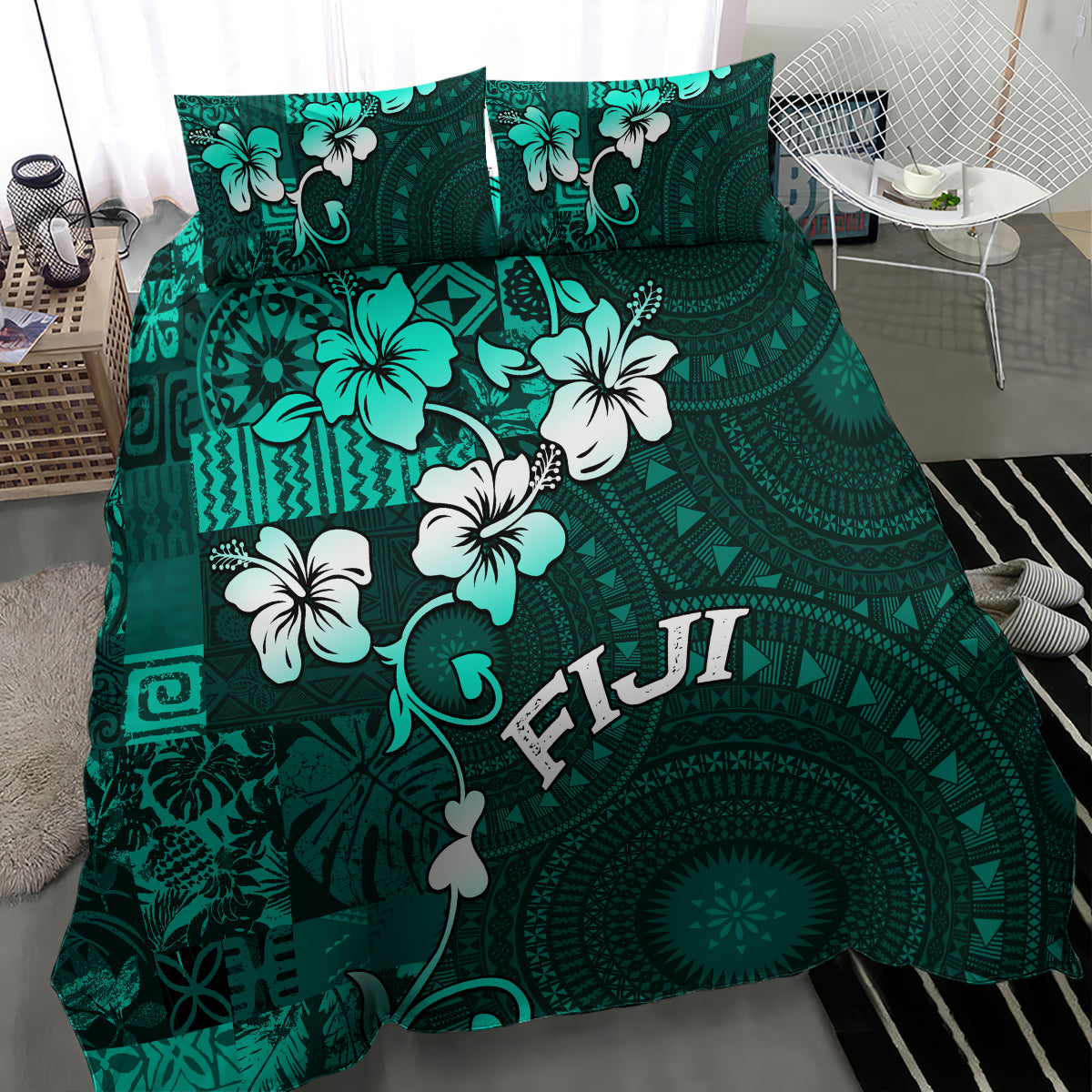 Fiji Masi Bedding Set Fijian Hibiscus Tapa Turquoise Version LT01 - Polynesian Pride