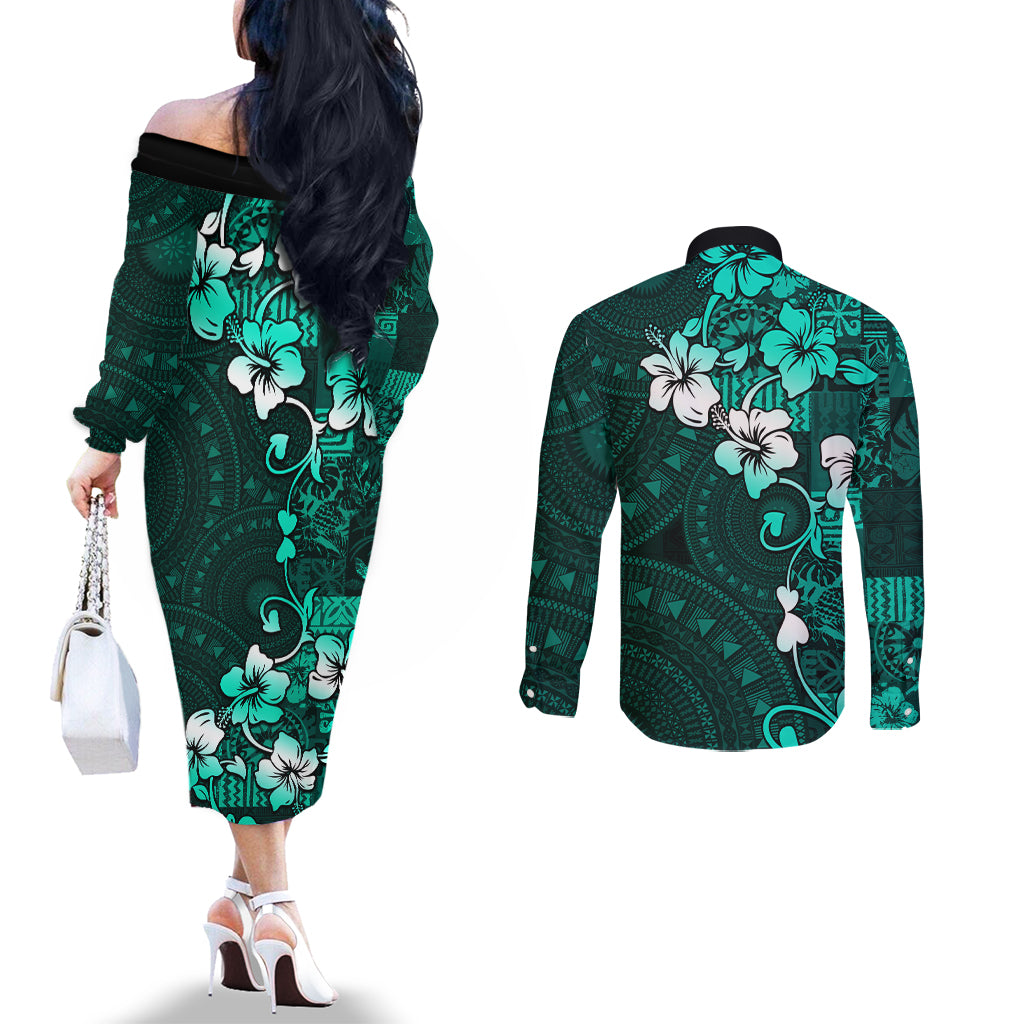 Fiji Masi Couples Matching Off The Shoulder Long Sleeve Dress and Long Sleeve Button Shirt Fijian Hibiscus Tapa Turquoise Version LT01 - Polynesian Pride