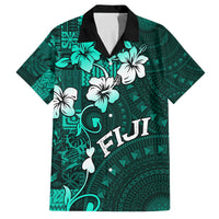 Fiji Masi Family Matching Off Shoulder Long Sleeve Dress and Hawaiian Shirt Fijian Hibiscus Tapa Turquoise Version LT01 Dad's Shirt - Short Sleeve Turquoise - Polynesian Pride