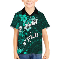 Fiji Masi Family Matching Off Shoulder Long Sleeve Dress and Hawaiian Shirt Fijian Hibiscus Tapa Turquoise Version LT01 Son's Shirt Turquoise - Polynesian Pride