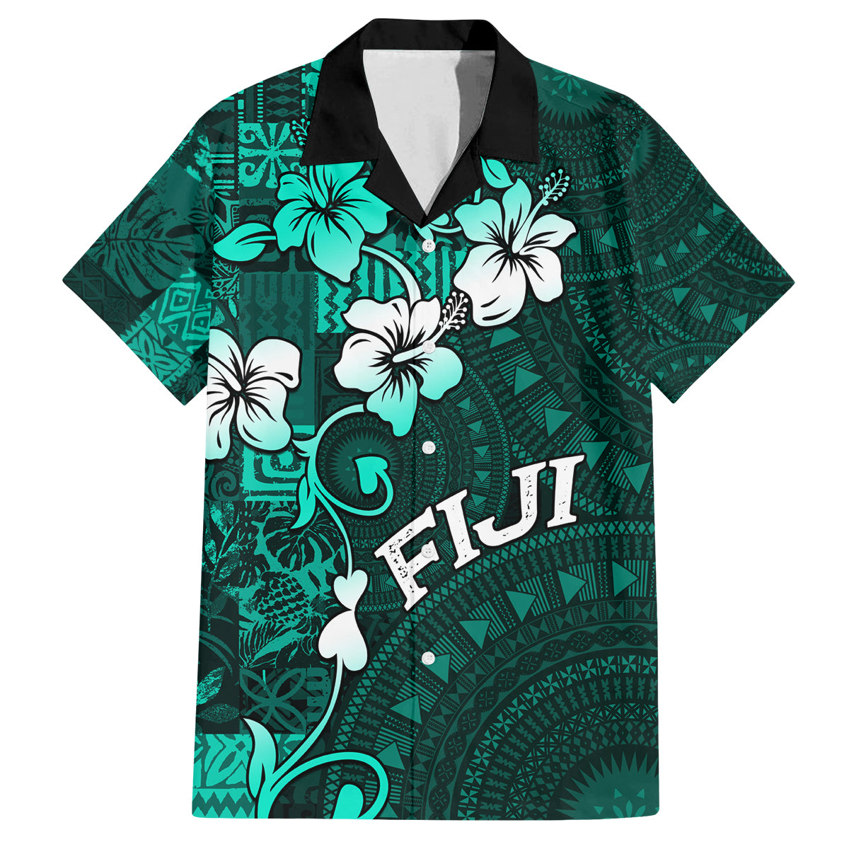 Fiji Masi Family Matching Off Shoulder Short Dress and Hawaiian Shirt Fijian Hibiscus Tapa Turquoise Version LT01 Dad's Shirt - Short Sleeve Turquoise - Polynesian Pride