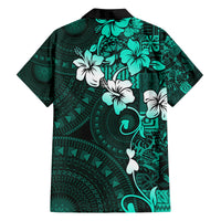 Fiji Masi Family Matching Off Shoulder Short Dress and Hawaiian Shirt Fijian Hibiscus Tapa Turquoise Version LT01 - Polynesian Pride