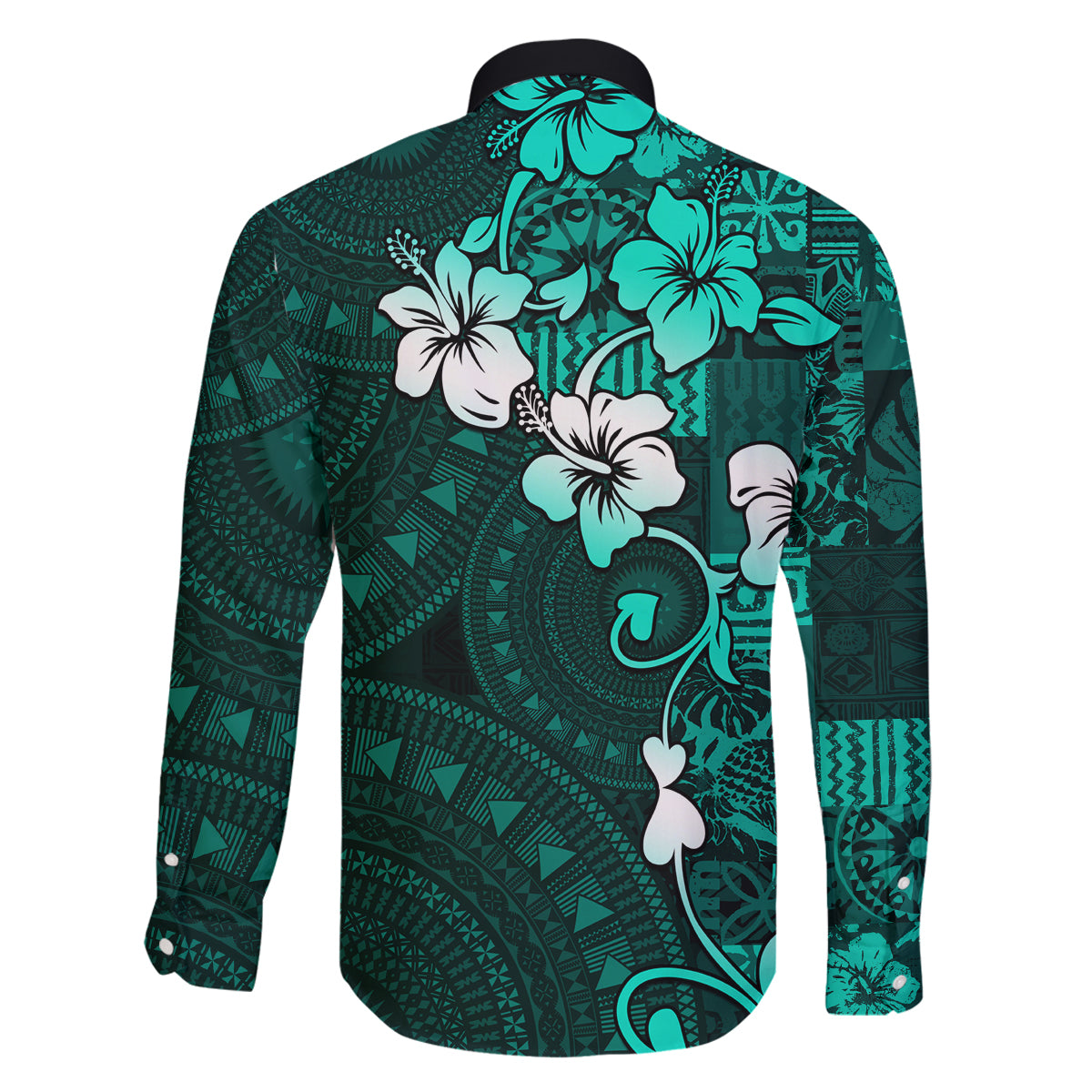 Fiji Masi Family Matching Off Shoulder Short Dress and Hawaiian Shirt Fijian Hibiscus Tapa Turquoise Version LT01 - Polynesian Pride