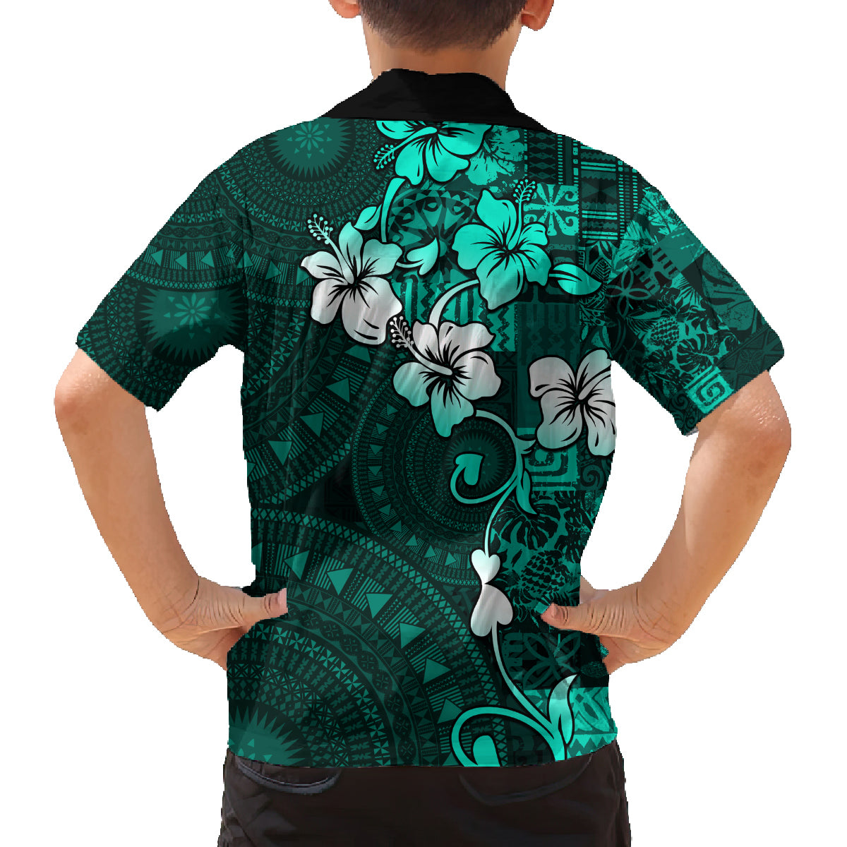 Fiji Masi Family Matching Tank Maxi Dress and Hawaiian Shirt Fijian Hibiscus Tapa Turquoise Version LT01 - Polynesian Pride