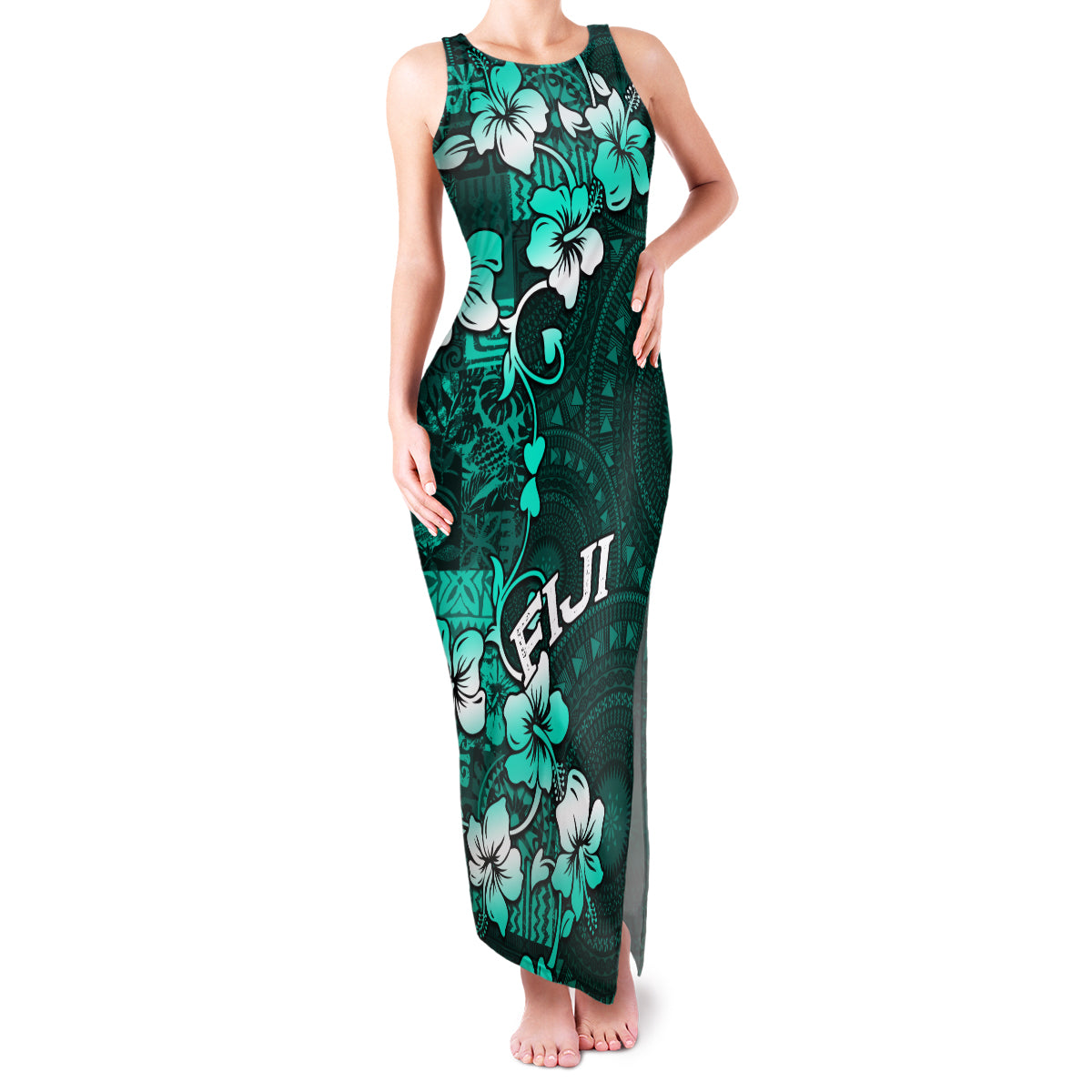 Fiji Masi Family Matching Tank Maxi Dress and Hawaiian Shirt Fijian Hibiscus Tapa Turquoise Version LT01 Mom's Dress Turquoise - Polynesian Pride
