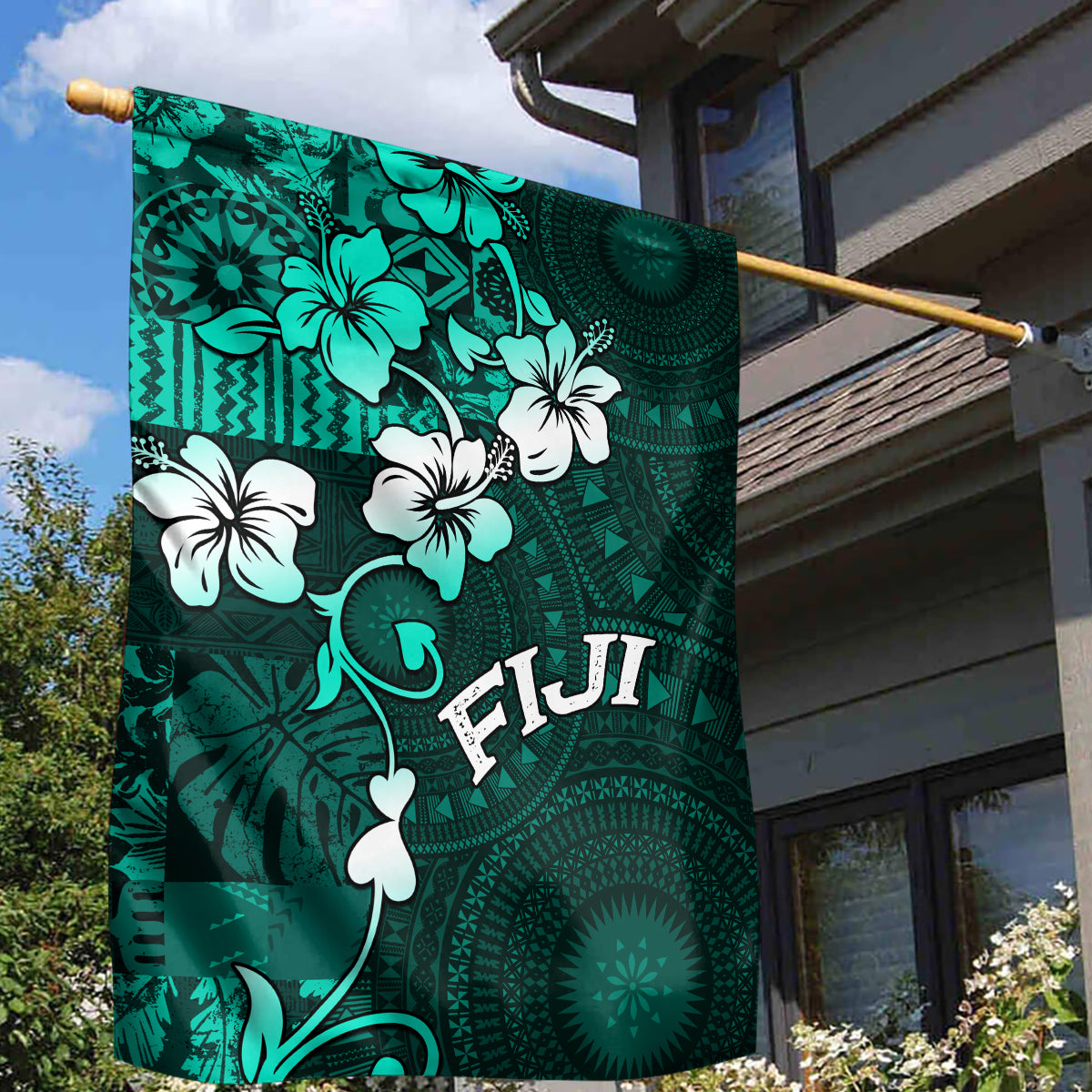 Fiji Masi Garden Flag Fijian Hibiscus Tapa Turquoise Version LT01 - Polynesian Pride
