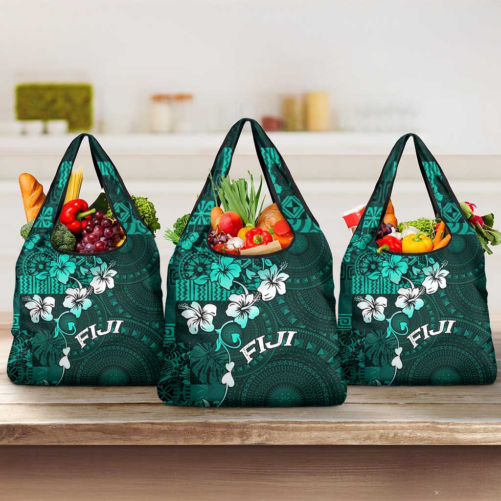 Fiji Masi Grocery Bag Fijian Hibiscus Tapa Turquoise Version LT01 3-pack One Size Turquoise - Polynesian Pride