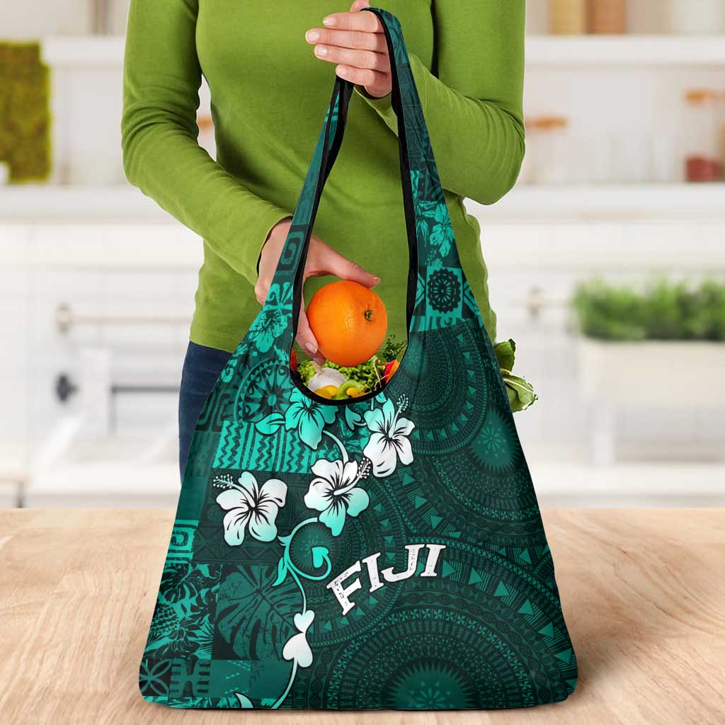 Fiji Masi Grocery Bag Fijian Hibiscus Tapa Turquoise Version LT01 - Polynesian Pride