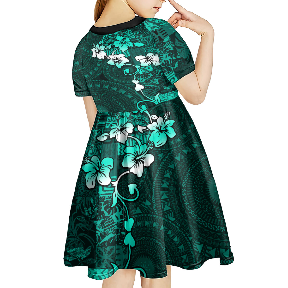 Fiji Masi Kid Short Sleeve Dress Fijian Hibiscus Tapa Turquoise Version LT01 - Polynesian Pride
