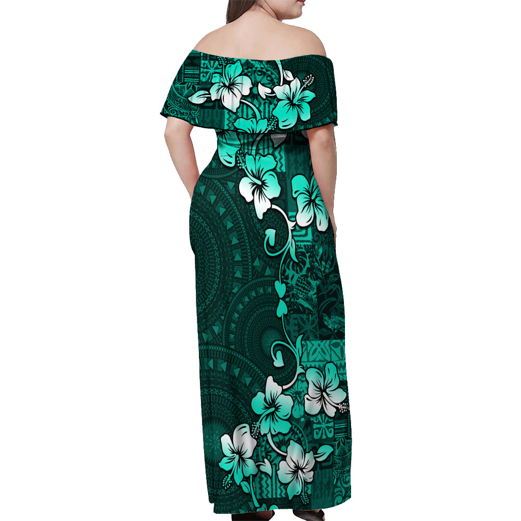 Fiji Masi Off Shoulder Maxi Dress Fijian Hibiscus Tapa Turquoise Version LT01 - Polynesian Pride