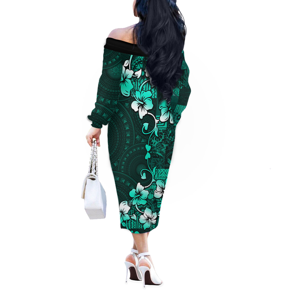 Fiji Masi Off The Shoulder Long Sleeve Dress Fijian Hibiscus Tapa Turquoise Version LT01 - Polynesian Pride