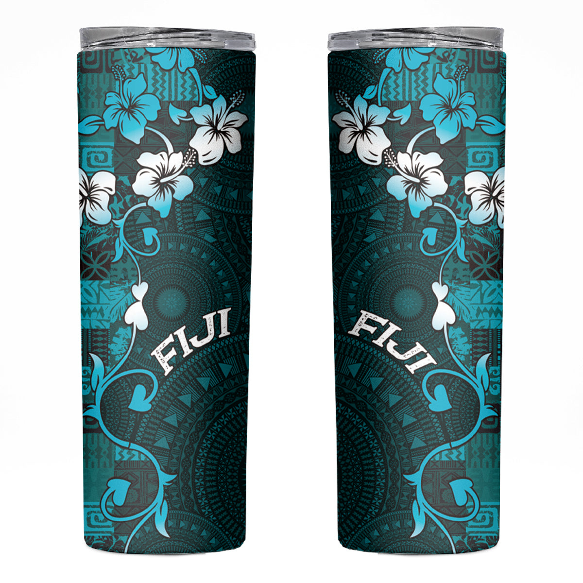 Fiji Masi Skinny Tumbler Fijian Hibiscus Tapa Turquoise Version LT01 Turquoise - Polynesian Pride
