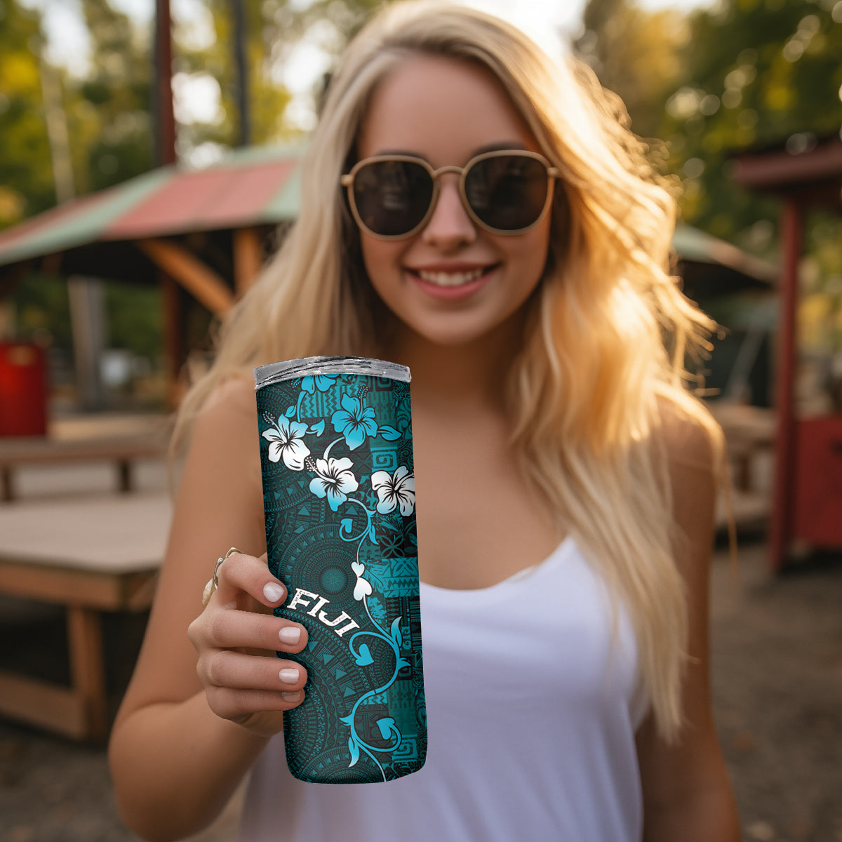 Fiji Masi Skinny Tumbler Fijian Hibiscus Tapa Turquoise Version LT01 - Polynesian Pride