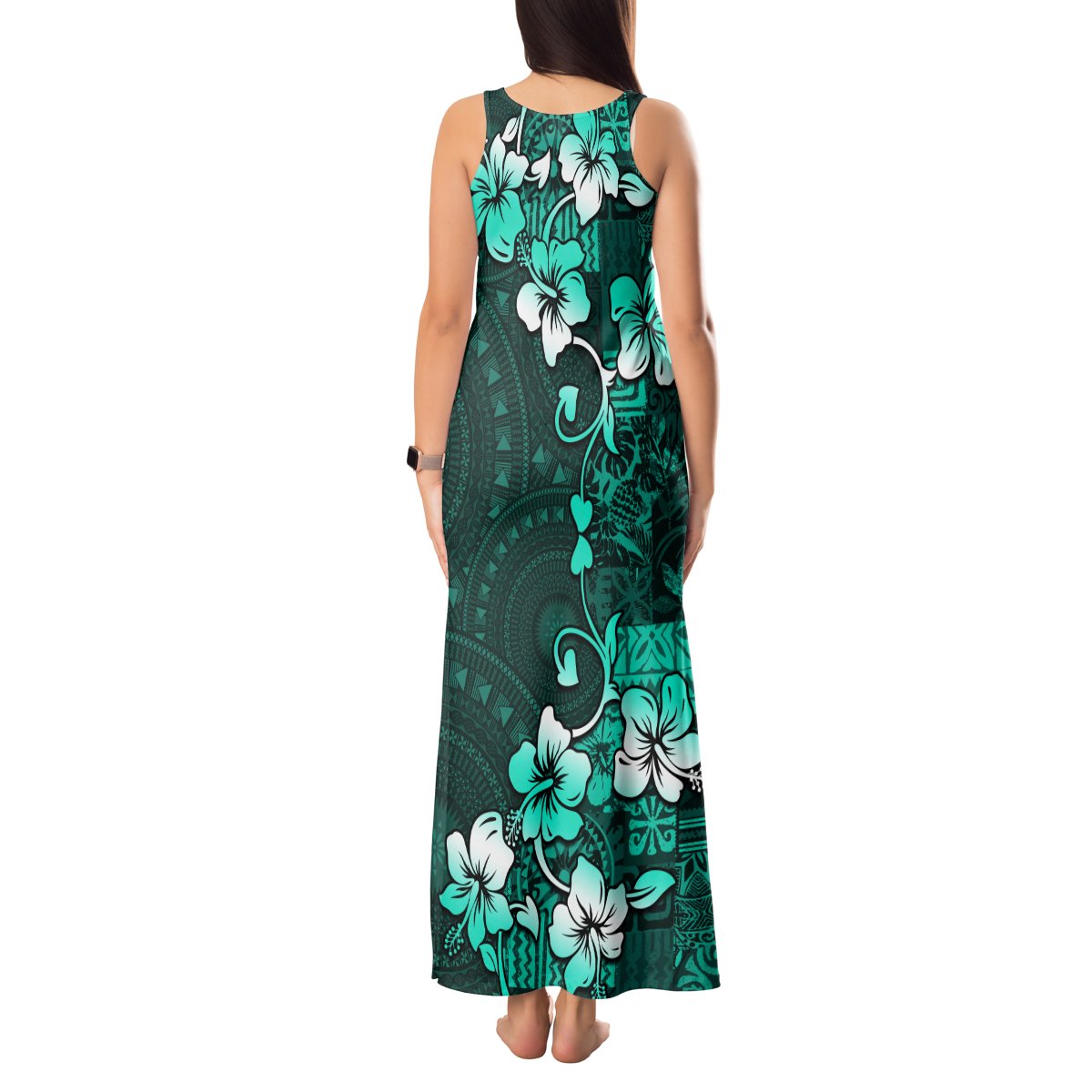 Fiji Masi Tank Maxi Dress Fijian Hibiscus Tapa Turquoise Version LT01 - Polynesian Pride