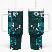 Fiji Masi Tumbler With Handle Fijian Hibiscus Tapa Turquoise Version