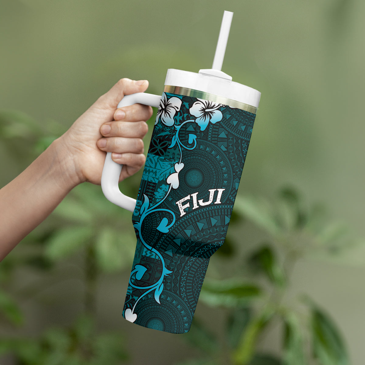 Fiji Masi Tumbler With Handle Fijian Hibiscus Tapa Turquoise Version