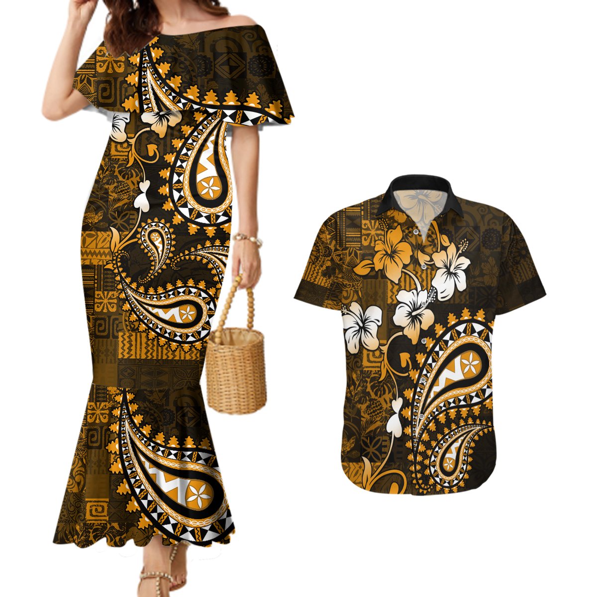 Fiji Masi Paisley With Hibiscus Tapa Couples Matching Mermaid Dress and Hawaiian Shirt Gold Version LT01 Gold - Polynesian Pride