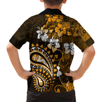Fiji Masi Paisley With Hibiscus Tapa Family Matching Off Shoulder Short Dress and Hawaiian Shirt Gold Version LT01 - Polynesian Pride