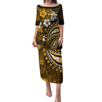 Fiji Masi Paisley With Hibiscus Tapa Family Matching Puletasi Dress and Hawaiian Shirt Gold Version LT01 Mom's Dress Gold - Polynesian Pride