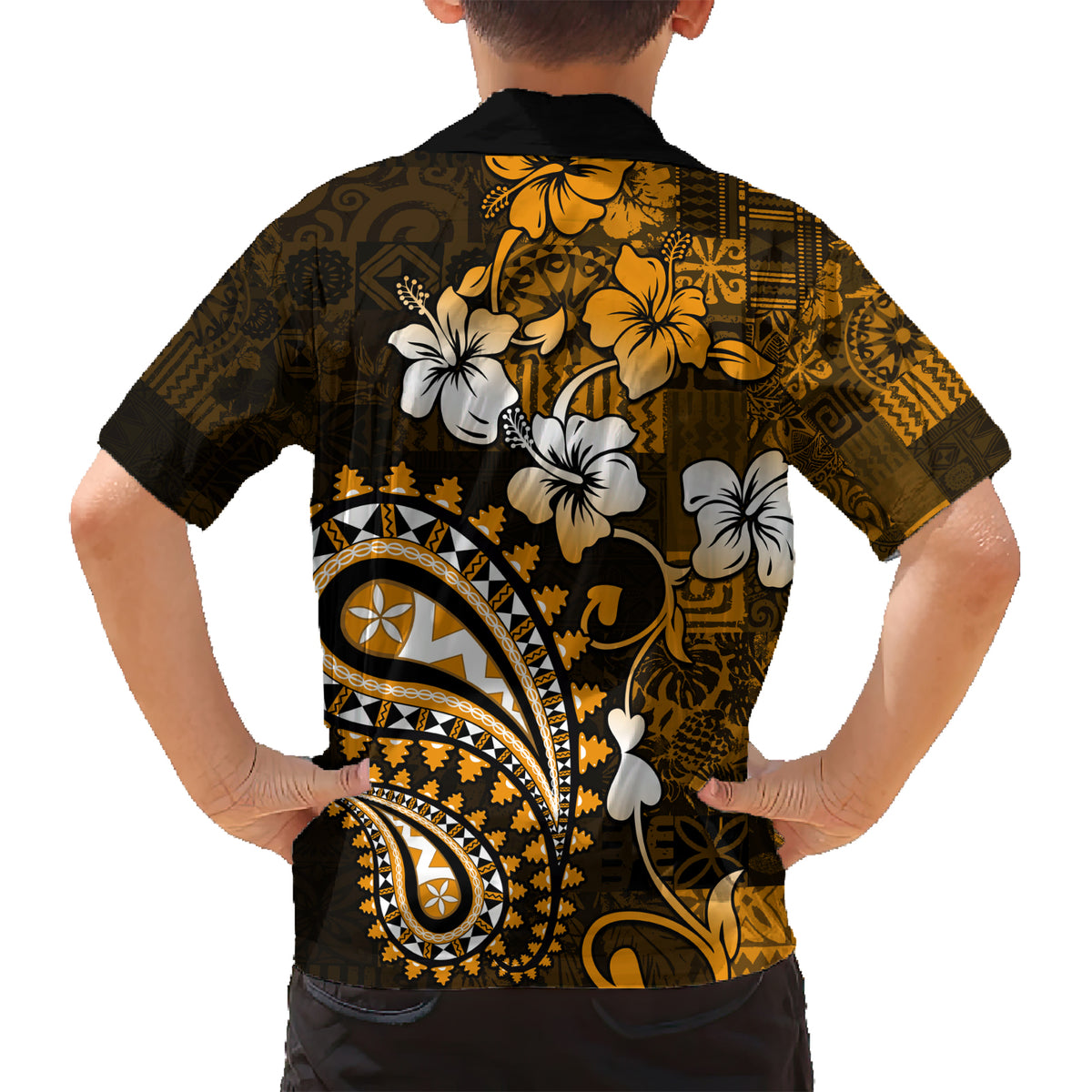 Fiji Masi Paisley With Hibiscus Tapa Family Matching Short Sleeve Bodycon Dress and Hawaiian Shirt Gold Version LT01 - Polynesian Pride