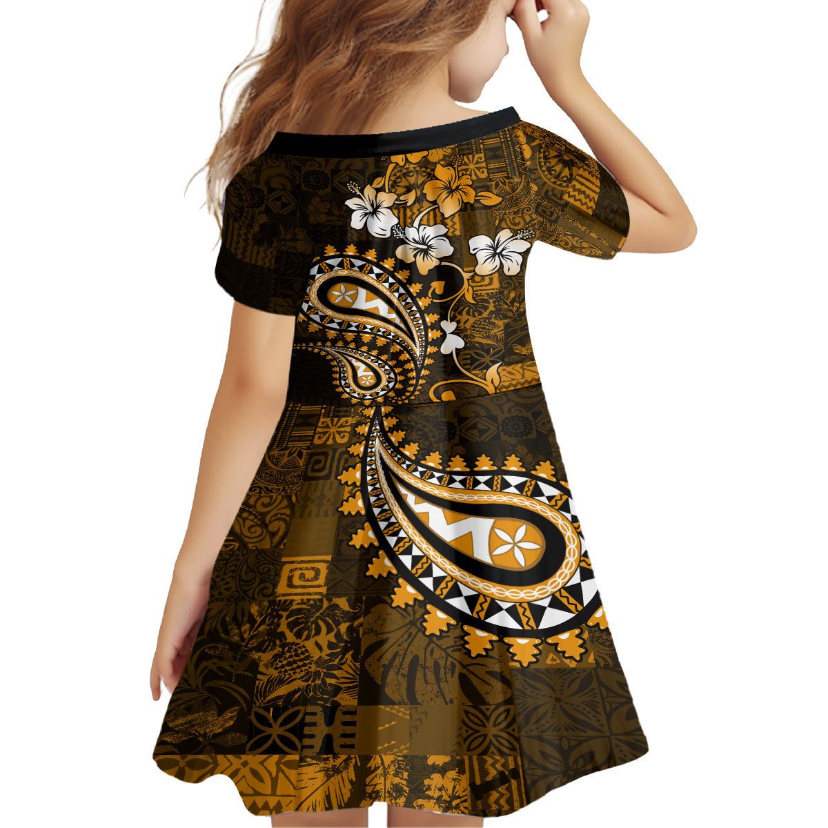 Fiji Masi Paisley With Hibiscus Tapa Family Matching Tank Maxi Dress and Hawaiian Shirt Gold Version LT01 - Polynesian Pride