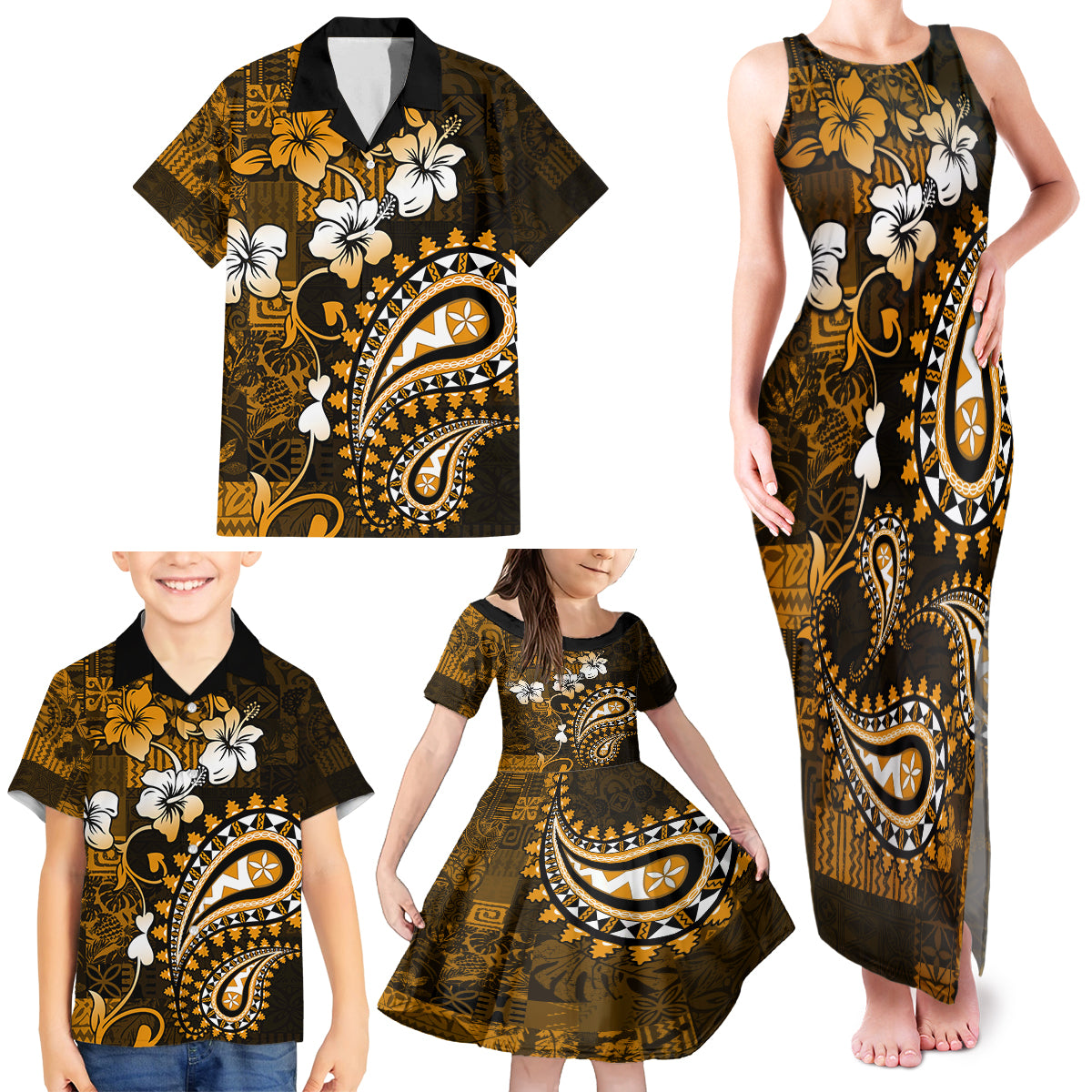 Fiji Masi Paisley With Hibiscus Tapa Family Matching Tank Maxi Dress and Hawaiian Shirt Gold Version LT01 - Polynesian Pride