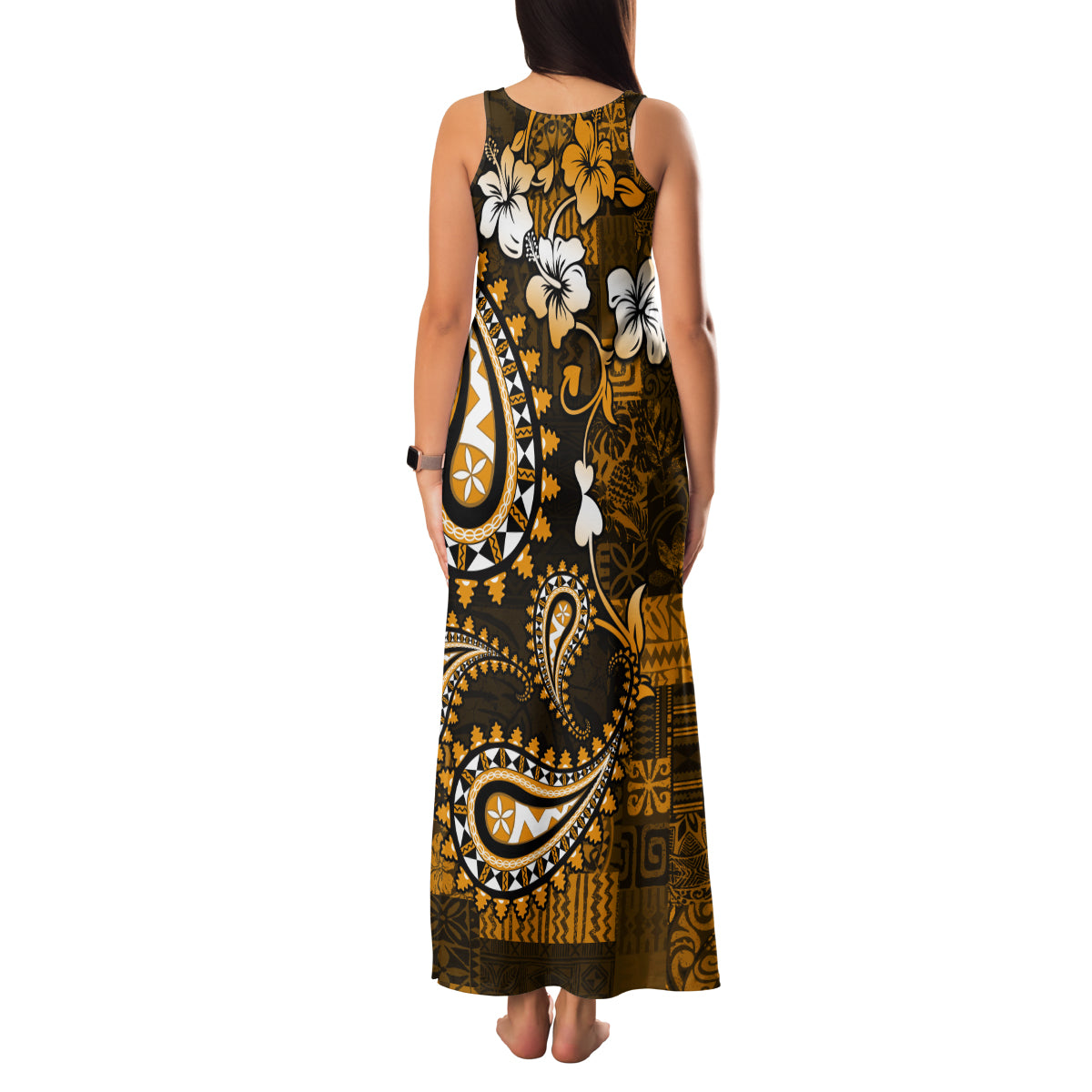 Fiji Masi Paisley With Hibiscus Tapa Family Matching Tank Maxi Dress and Hawaiian Shirt Gold Version LT01 - Polynesian Pride
