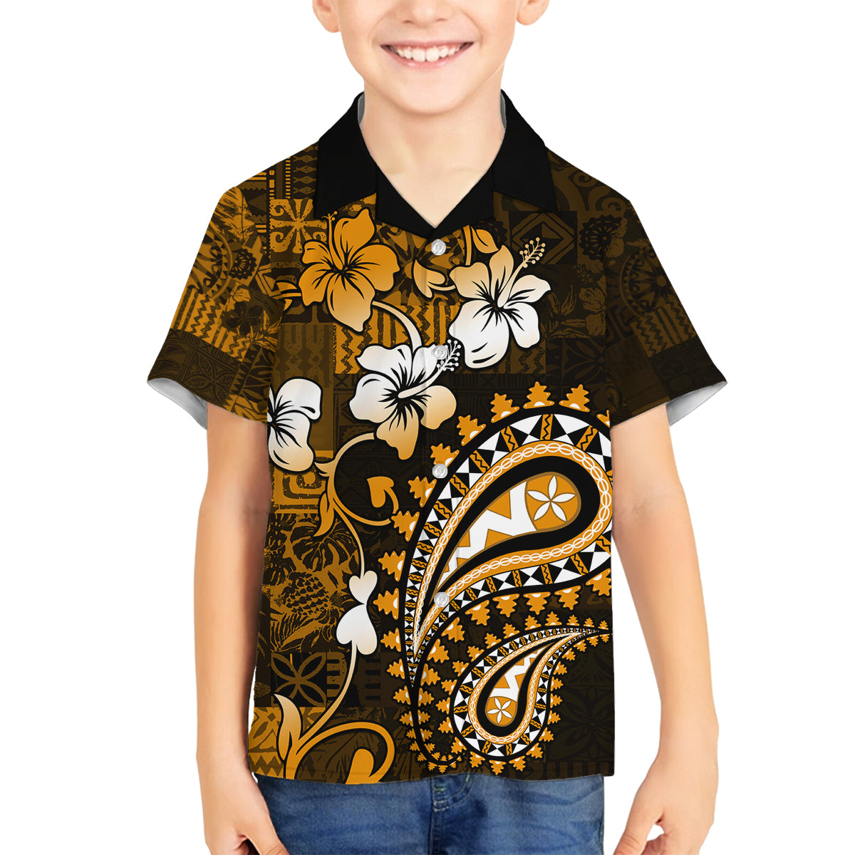 Fiji Masi Paisley With Hibiscus Tapa Family Matching Tank Maxi Dress and Hawaiian Shirt Gold Version LT01 Son's Shirt Gold - Polynesian Pride