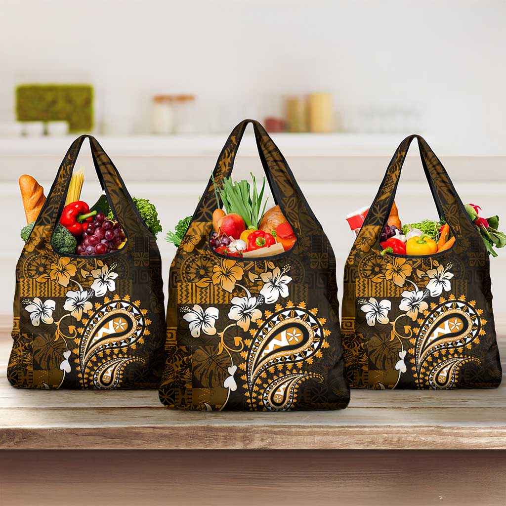 Fiji Masi Paisley With Hibiscus Tapa Grocery Bag Gold Version