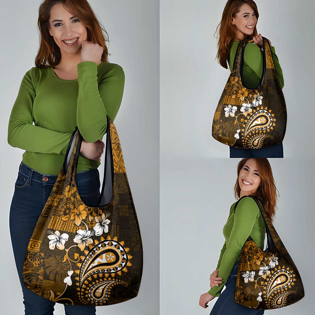 Fiji Masi Paisley With Hibiscus Tapa Grocery Bag Gold Version