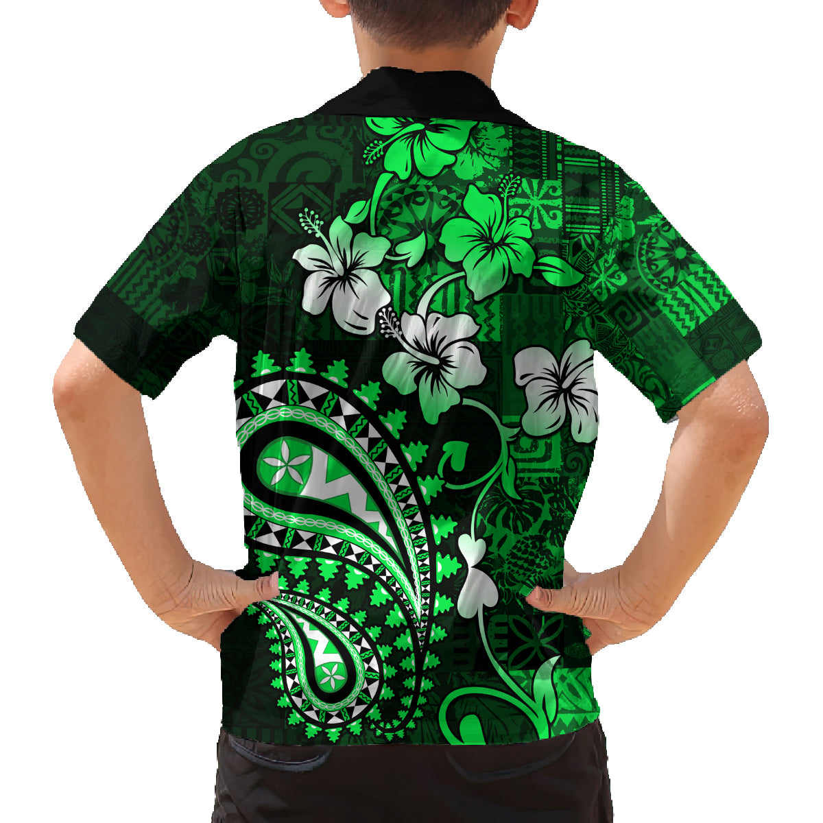 Fiji Masi Paisley With Hibiscus Tapa Family Matching Long Sleeve Bodycon Dress and Hawaiian Shirt Green Version LT01 - Polynesian Pride