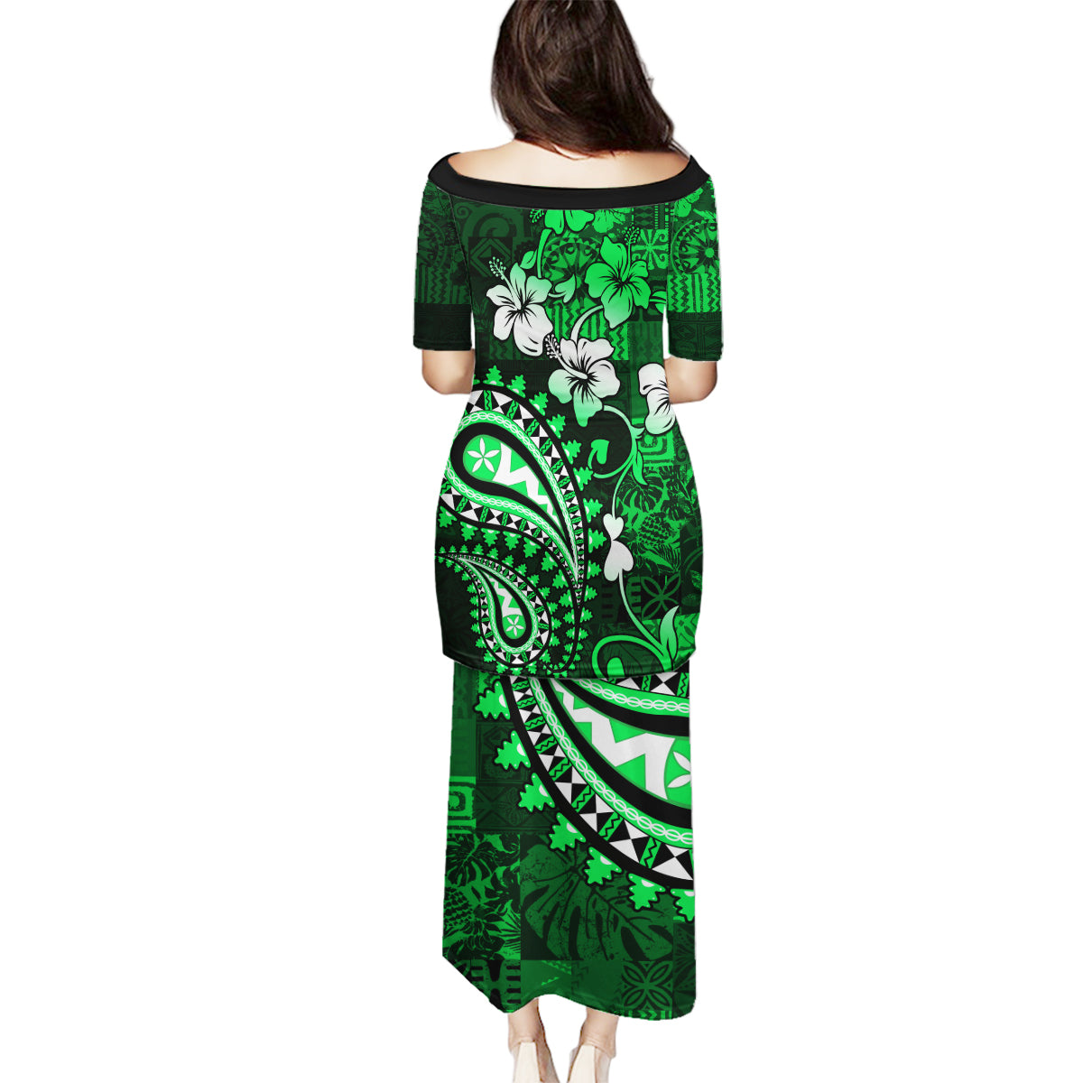 Fiji Masi Paisley With Hibiscus Tapa Family Matching Puletasi Dress and Hawaiian Shirt Green Version LT01 - Polynesian Pride