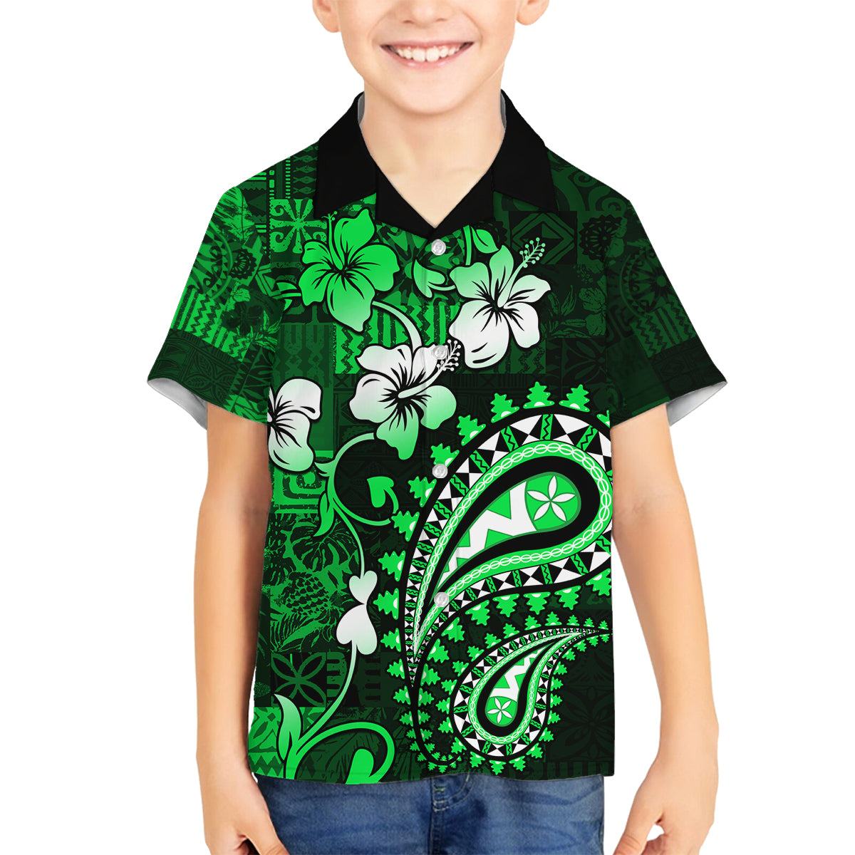 Fiji Masi Paisley With Hibiscus Tapa Family Matching Tank Maxi Dress and Hawaiian Shirt Green Version LT01 Son's Shirt Green - Polynesian Pride