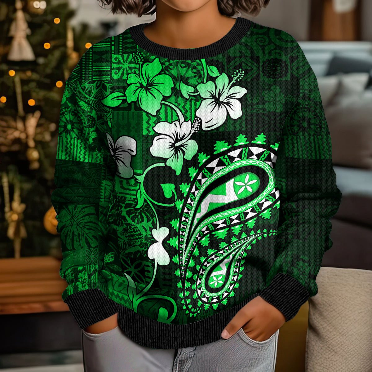 Fiji Masi Paisley With Hibiscus Tapa Kid Ugly Christmas Sweater Green Version LT01 - Polynesian Pride