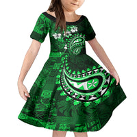 Fiji Masi Paisley With Hibiscus Tapa Kid Short Sleeve Dress Green Version LT01 KID Green - Polynesian Pride