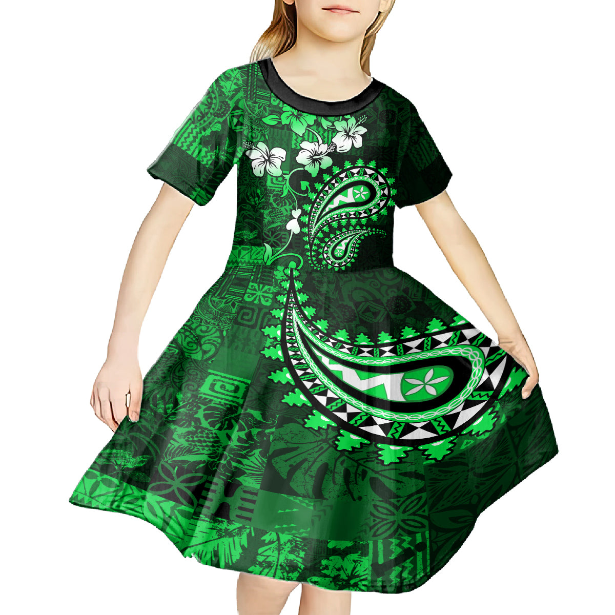 Fiji Masi Paisley With Hibiscus Tapa Kid Short Sleeve Dress Green Version LT01 - Polynesian Pride