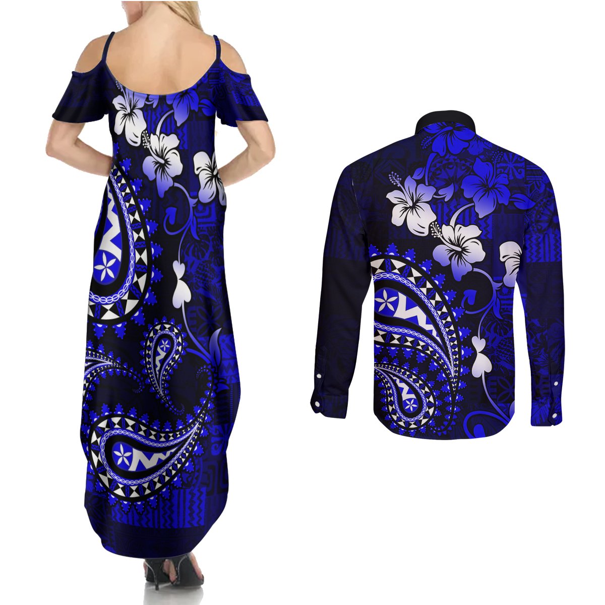 Fiji Masi Paisley With Hibiscus Tapa Couples Matching Summer Maxi Dress and Long Sleeve Button Shirt Navy Blue Version LT01 - Polynesian Pride