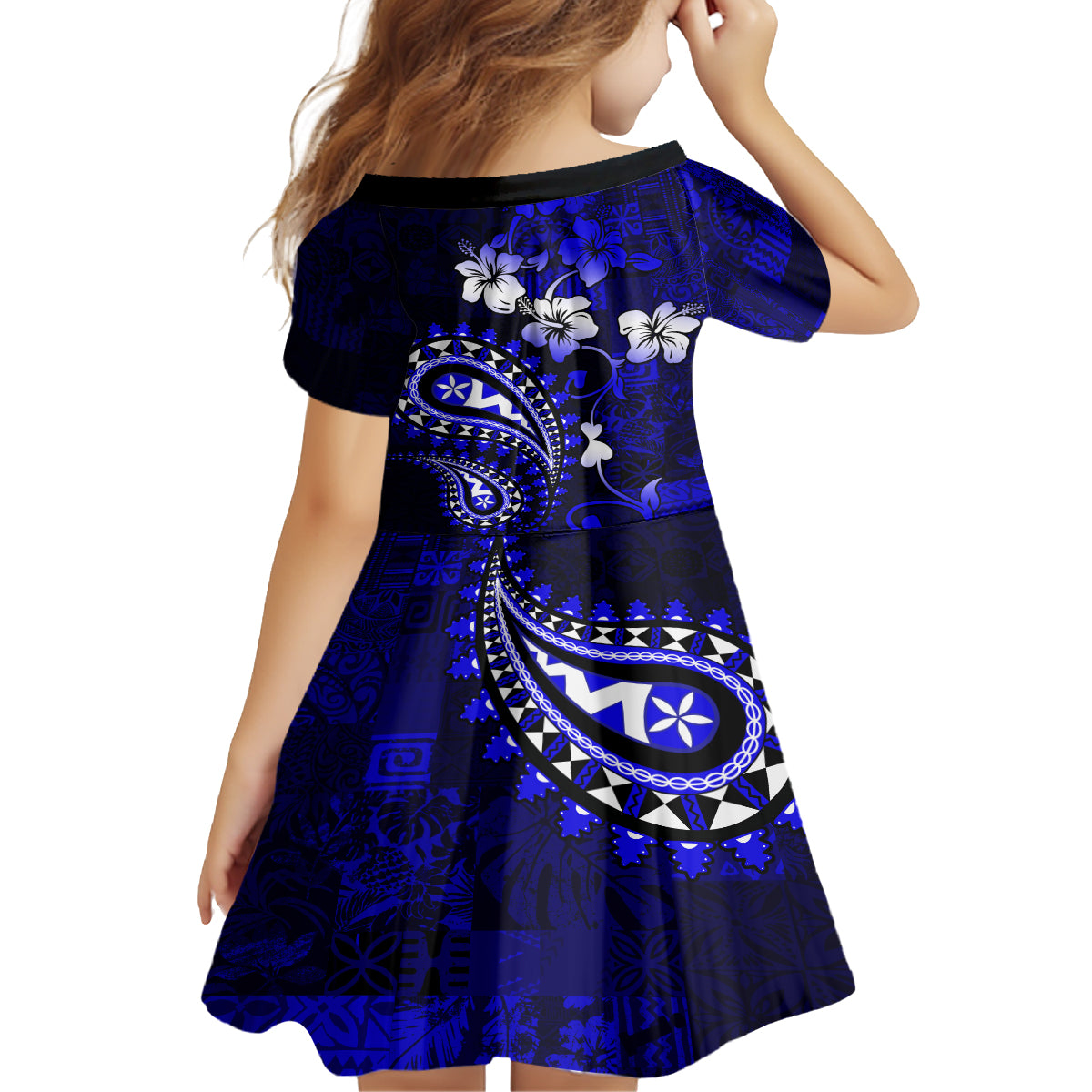 Fiji Masi Paisley With Hibiscus Tapa Kid Short Sleeve Dress Navy Blue Version LT01 - Polynesian Pride
