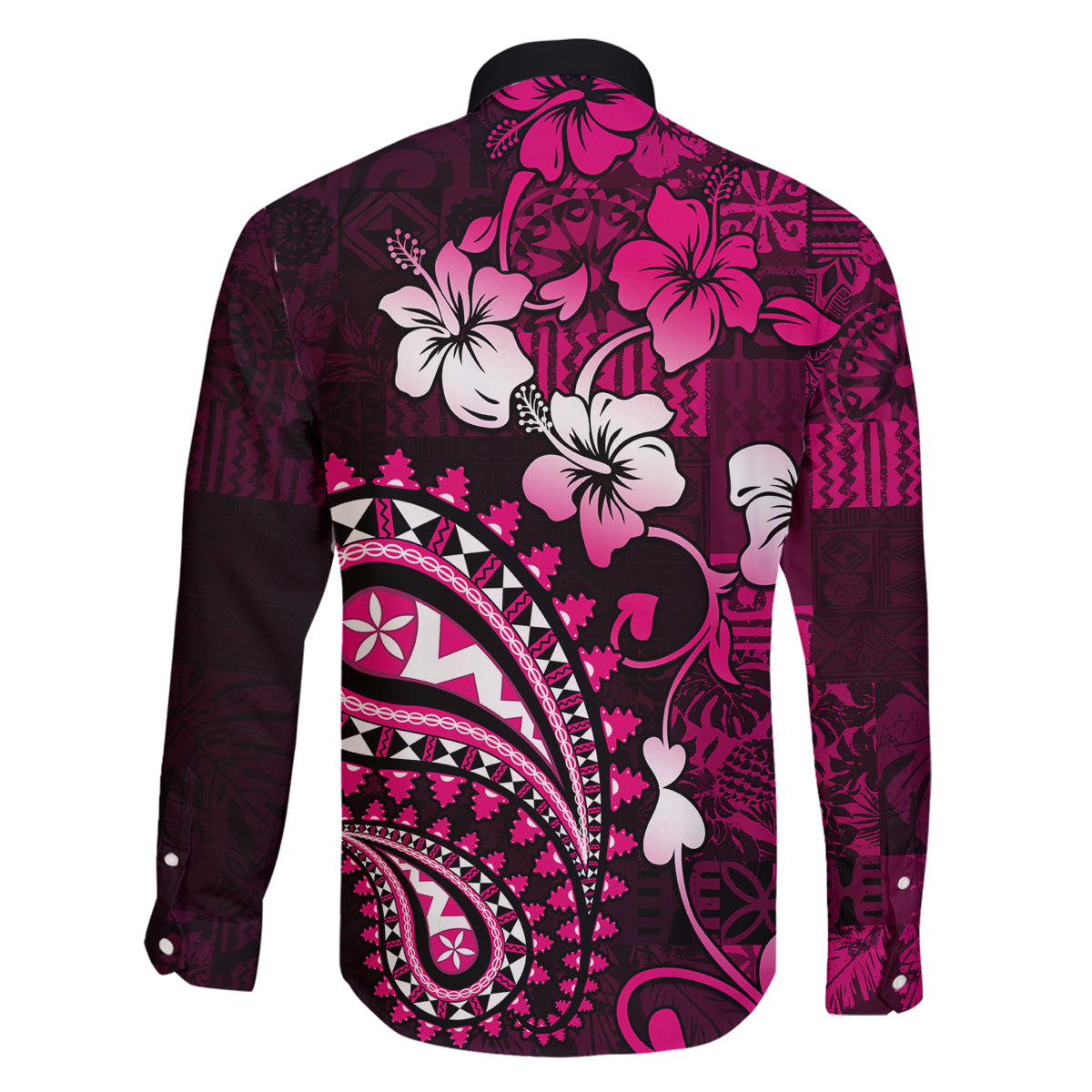 Fiji Masi Paisley With Hibiscus Tapa Family Matching Off Shoulder Long Sleeve Dress and Hawaiian Shirt Pink Version LT01 - Polynesian Pride