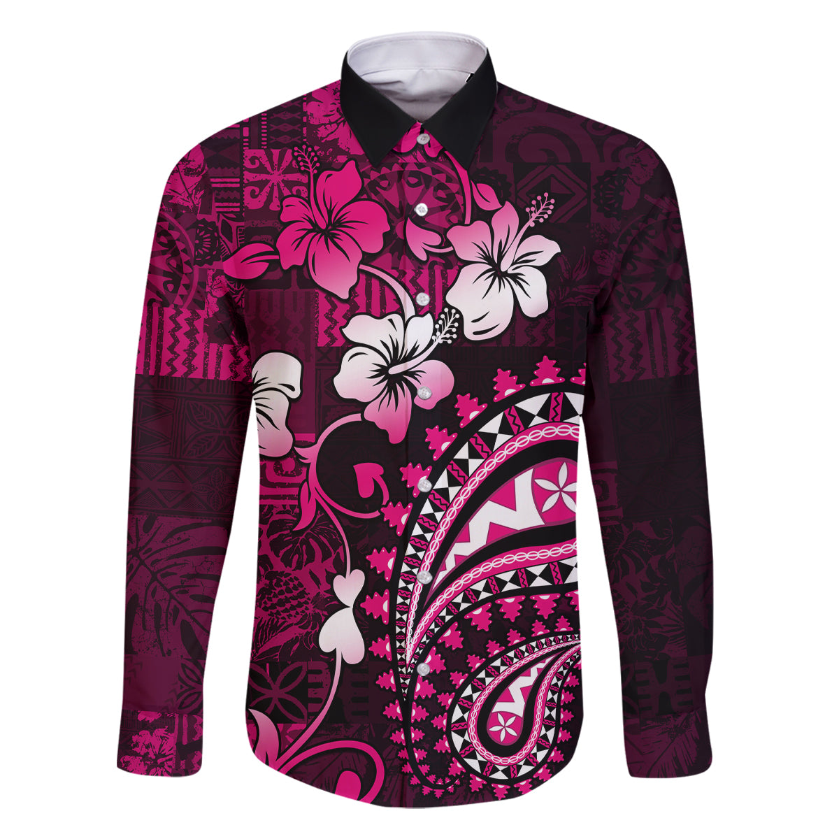 Fiji Masi Paisley With Hibiscus Tapa Family Matching Off Shoulder Short Dress and Hawaiian Shirt Pink Version LT01 Dad's Shirt - Long Sleeve Pink - Polynesian Pride