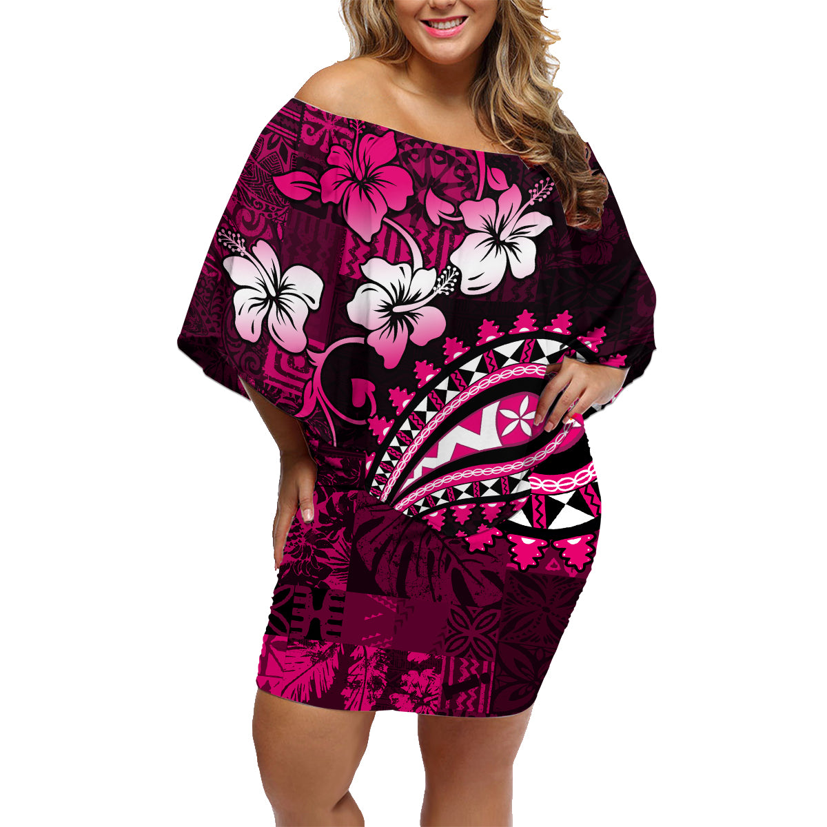 Fiji Masi Paisley With Hibiscus Tapa Family Matching Off Shoulder Short Dress and Hawaiian Shirt Pink Version LT01 Mom's Dress Pink - Polynesian Pride