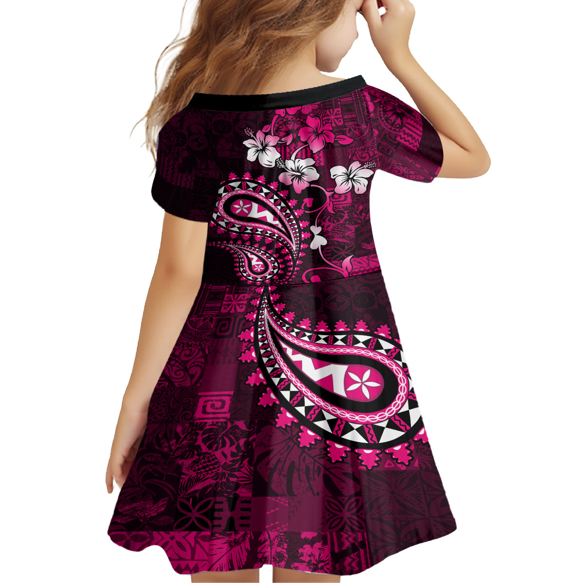 Fiji Masi Paisley With Hibiscus Tapa Family Matching Summer Maxi Dress and Hawaiian Shirt Pink Version LT01 - Polynesian Pride